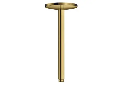 Goldfarbener Deckenanschluss von AXOR, vertikal, mit flachem Deckenelement und gerader Stange, für Kopfbrausen konzipiert.
